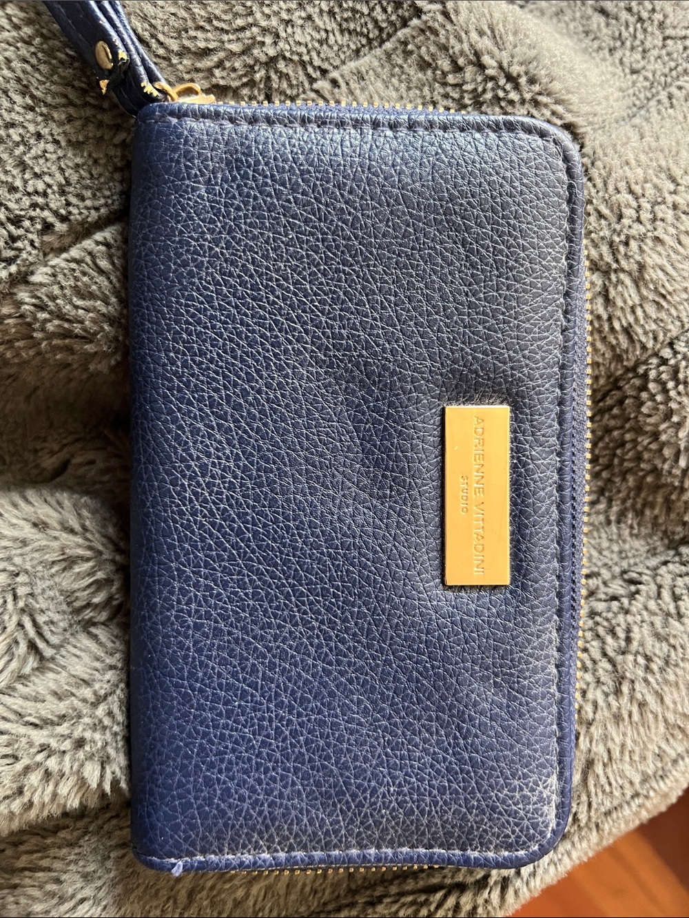Adrienne Vittadini Navy Textured Zip Phone Wallet with Gold Plate Accent